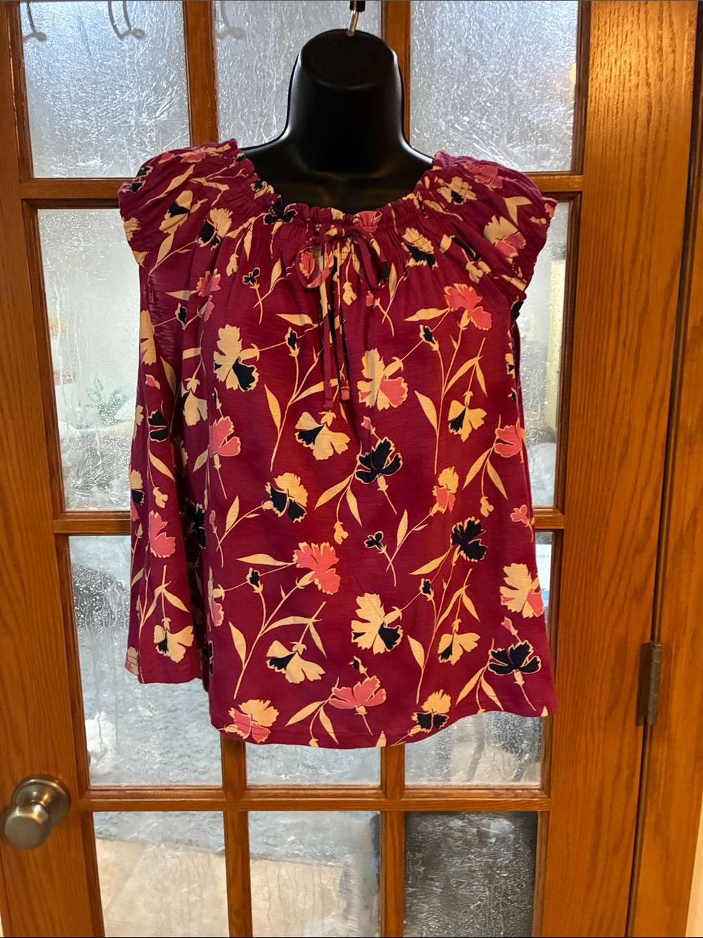 Terra & Sky Plum Floral Smocked-Neck Sleeveless Blouse